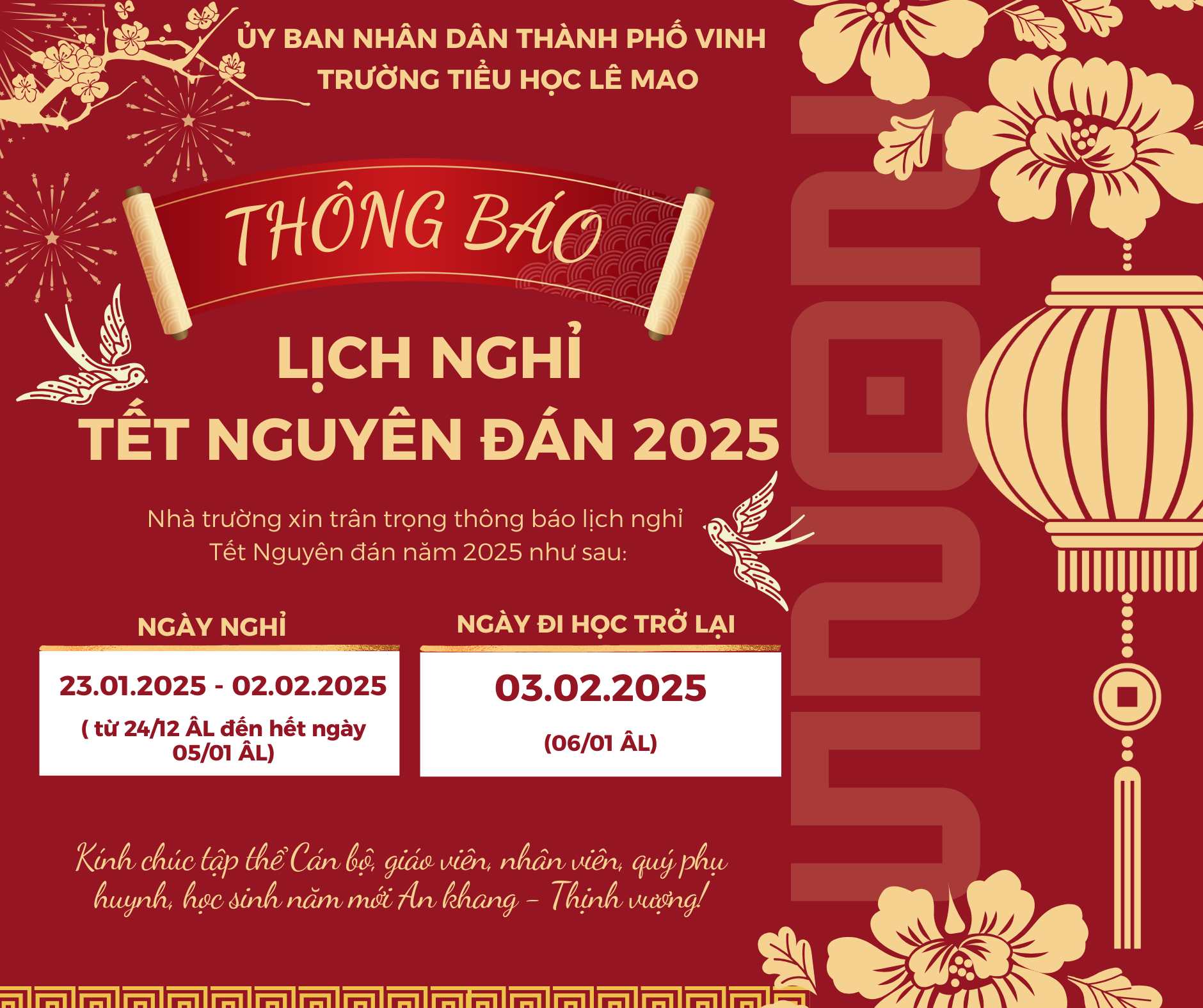 THÔNG BÁO LỊCH NGHỈ TẾT NGUYÊN ĐÁN 2025