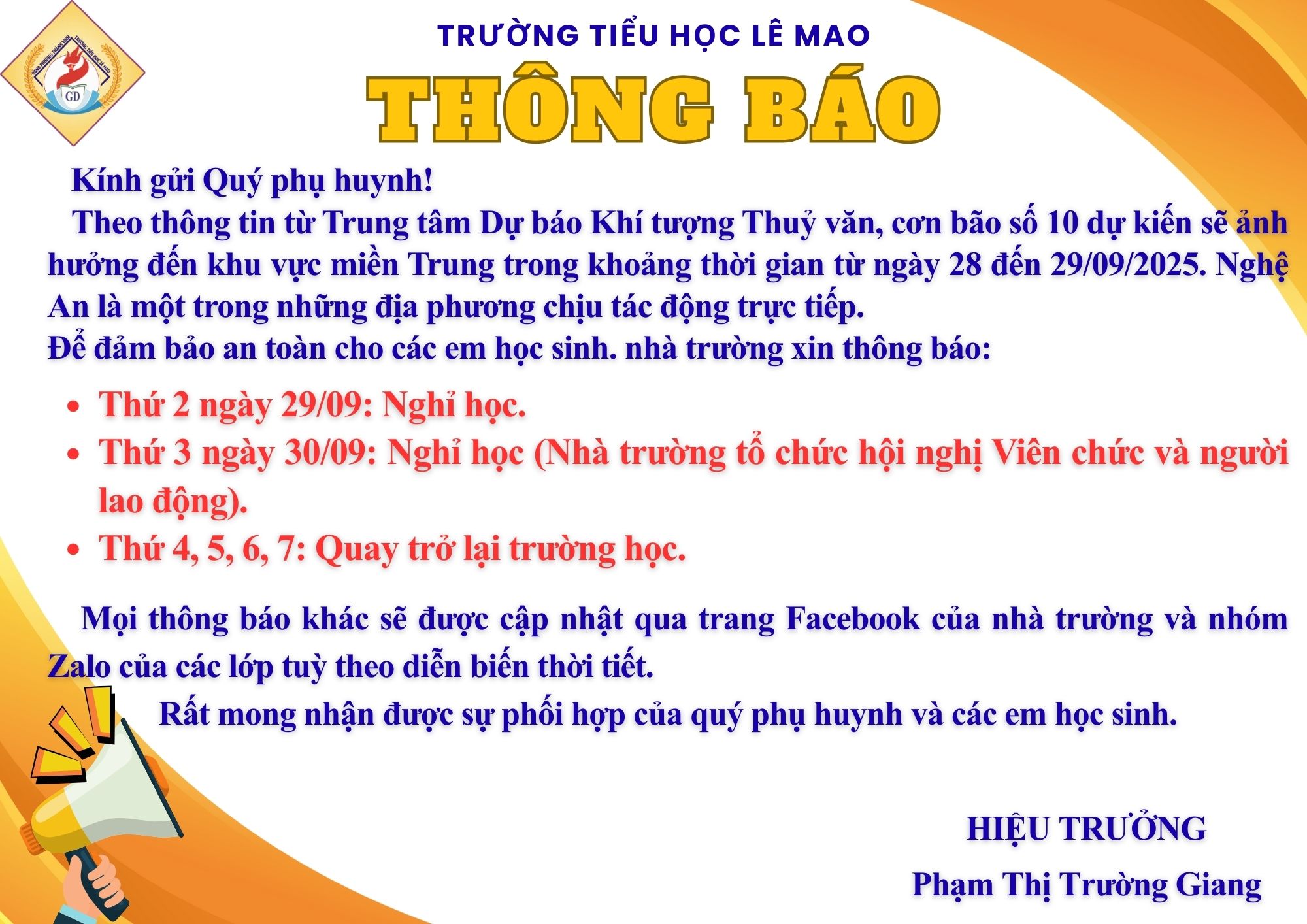 THÔNG BÁO NGHỈ HỌC!